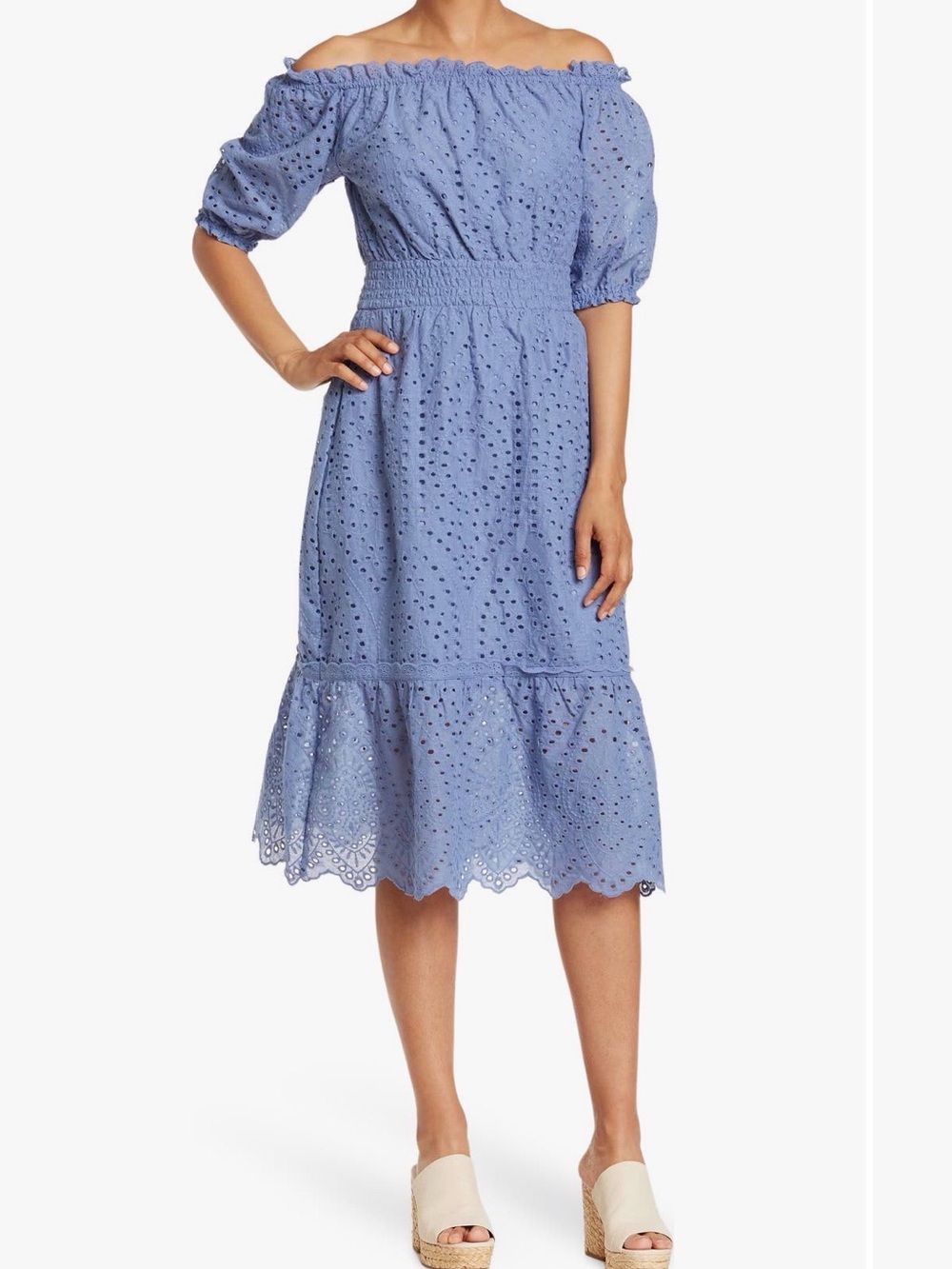 Betsey Johnson SOLD OUT Blue Eyelet Smocked Off Shoulder Tiered Mini Dress XXL
